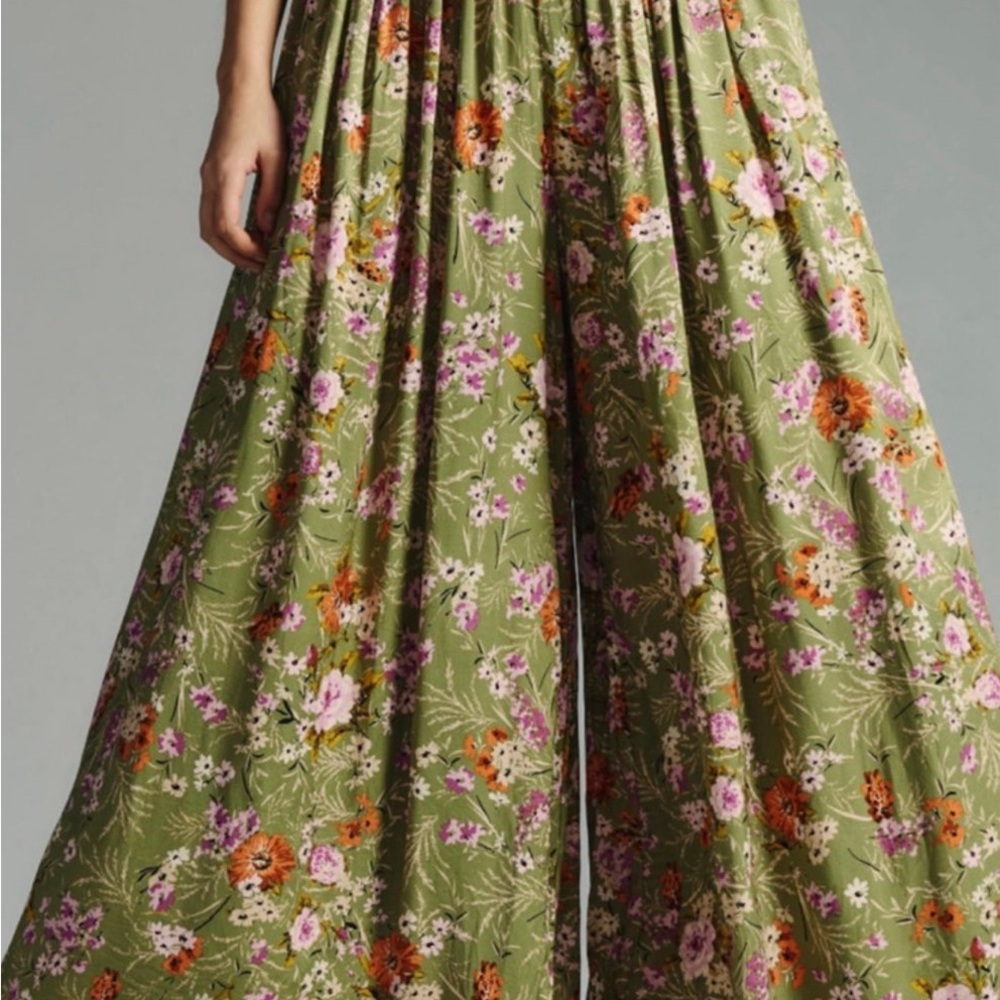 Anthropologie Floral Green Wide-Leg Pants